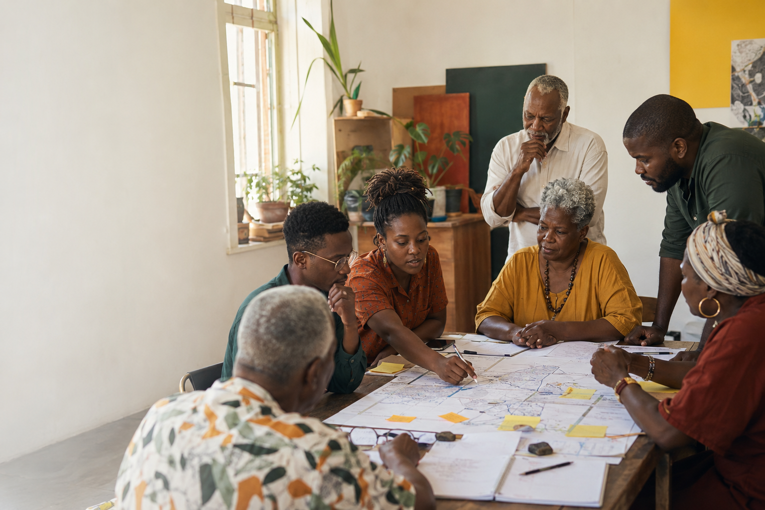 Community members collaborating around a planning table